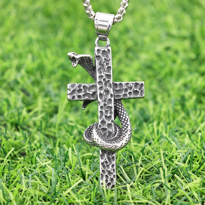Stainless Steel Cross Cobra Pendant – Polished, Non-Fading Design for Men | Gothic Snake Necklace | Factory Supply, Ideal for Resellers & Bulk Orders