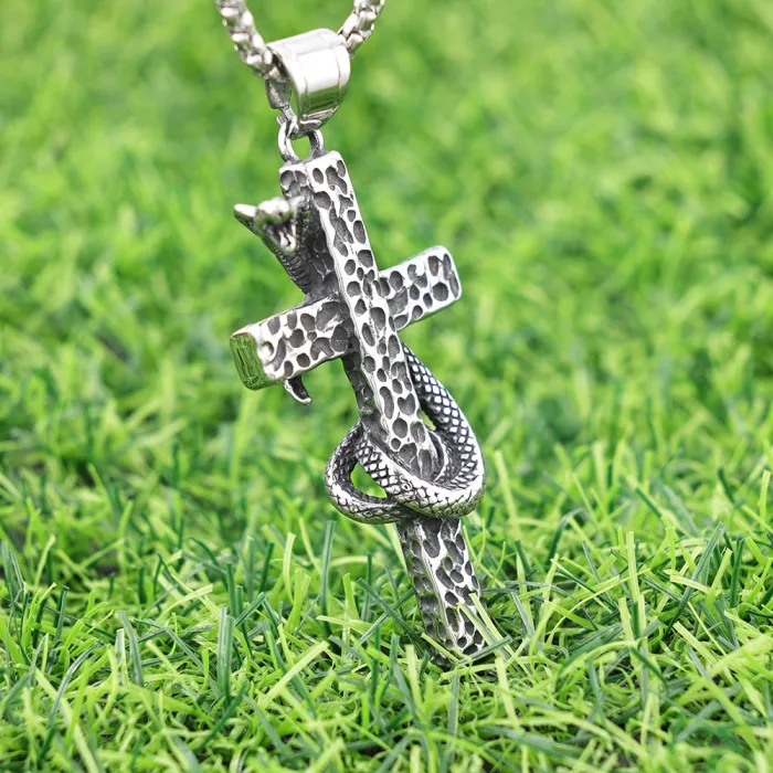 Stainless Steel Cross Cobra Pendant – Polished, Non-Fading Design for Men | Gothic Snake Necklace | Factory Supply, Ideal for Resellers & Bulk Orders