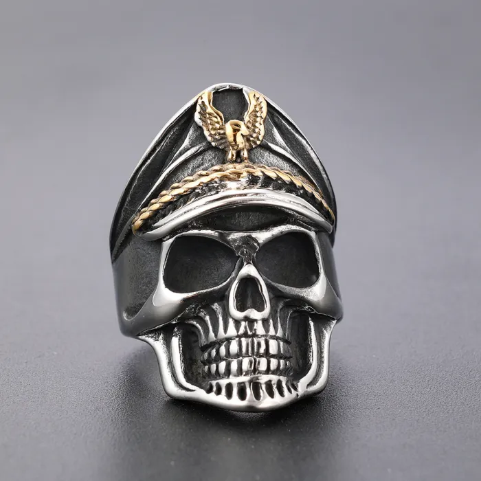 WWII Veteran Skull Ring – Punk Style Stainless Steel Navy-Inspired Men’s Ring, Wholesale Gothic Jewelry