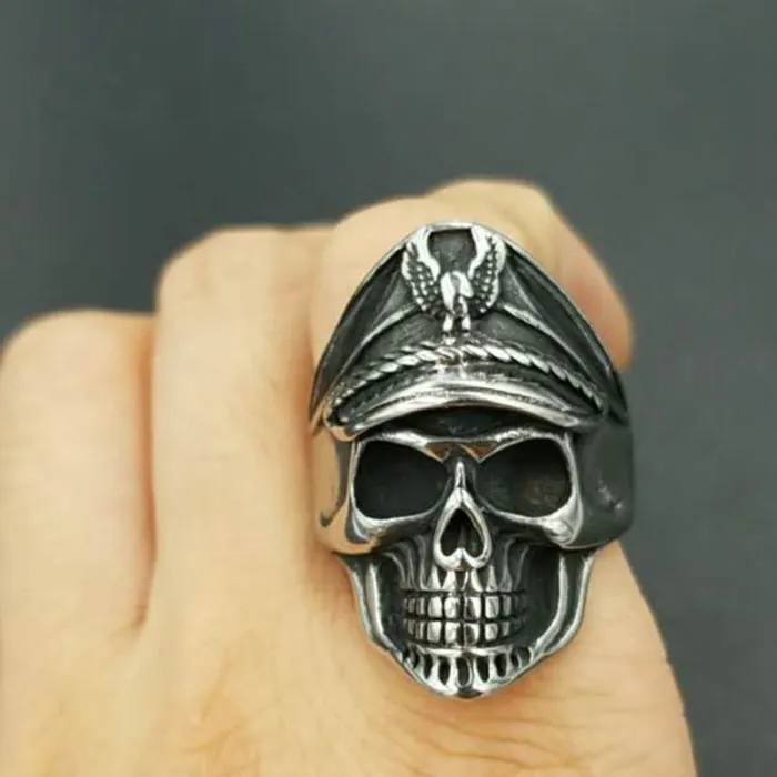WWII Veteran Skull Ring – Punk Style Stainless Steel Navy-Inspired Men’s Ring, Wholesale Gothic Jewelry