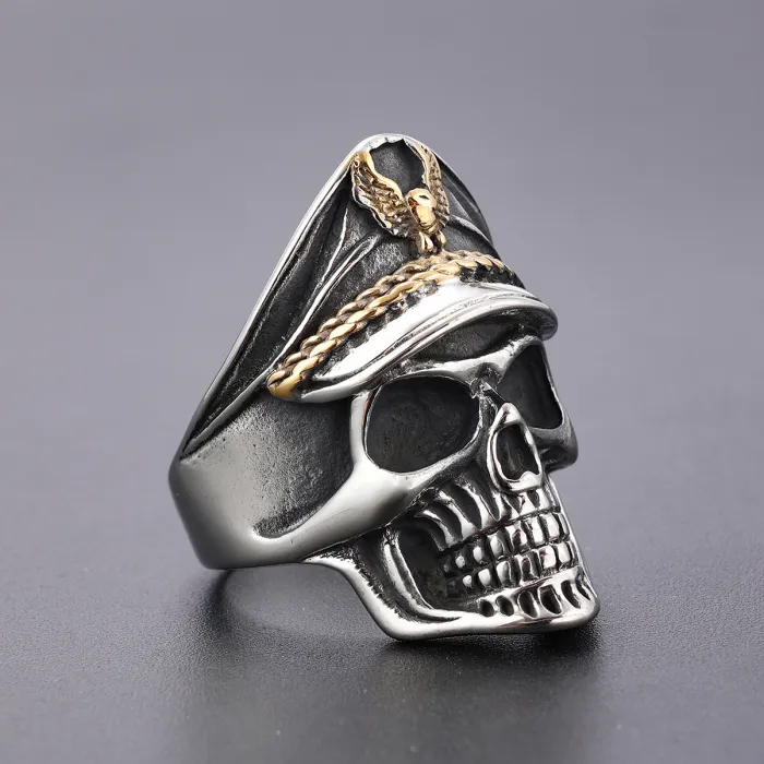 WWII Veteran Skull Ring – Punk Style Stainless Steel Navy-Inspired Men’s Ring, Wholesale Gothic Jewelry