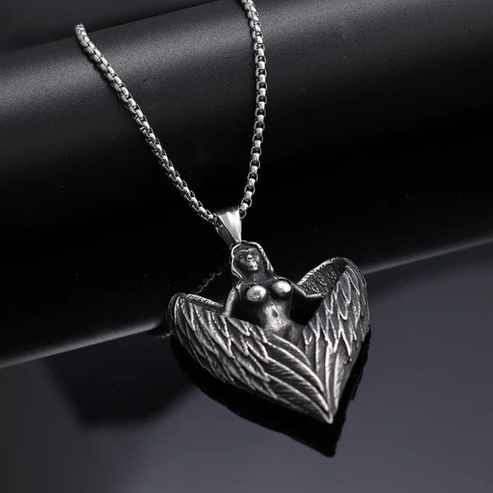 Vintage Angel Wings Stainless Steel Pendant | Tarnish-Resistant Fashion Necklace | Bulk Unisex Jewelry Supplier & Factory Direct Dropshipping