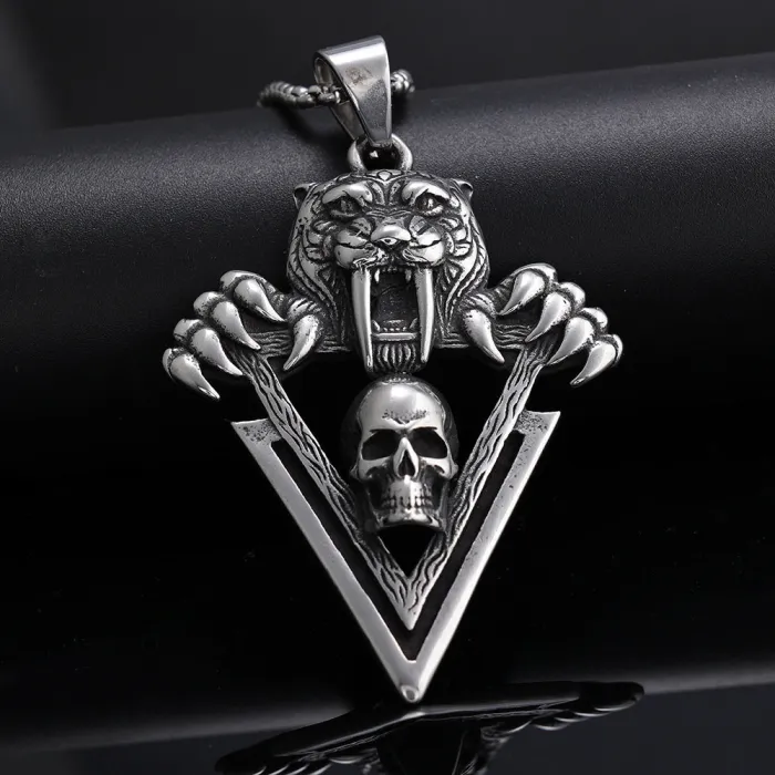 Factory Direct Sale – Bold Tiger Head & Claw Skull Stainless Steel Pendant | Polished Gothic Style Men's Necklace | Wholesale Punk Jewelry Supplier