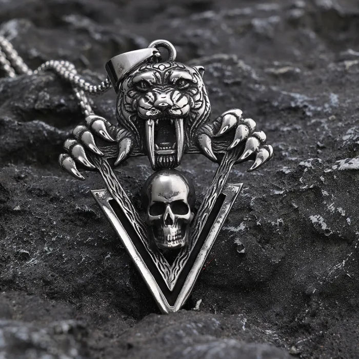 Factory Direct Sale – Bold Tiger Head & Claw Skull Stainless Steel Pendant | Polished Gothic Style Men's Necklace | Wholesale Punk Jewelry Supplier