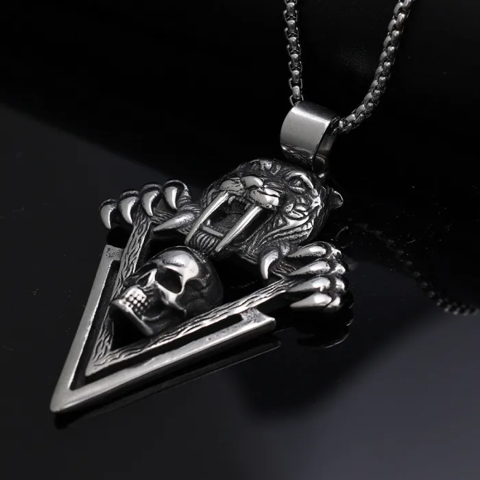 Factory Direct Sale – Bold Tiger Head & Claw Skull Stainless Steel Pendant | Polished Gothic Style Men's Necklace | Wholesale Punk Jewelry Supplier