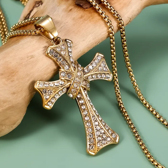 Gold Polished Unisex Cross Pendant with Rhinestones – Tarnish-Free Stainless Steel Jewelry | Fashion Accessory | Bulk Supplier & Factory Direct