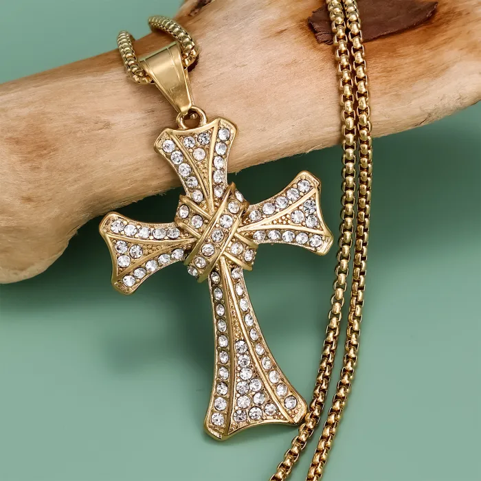 Gold Polished Unisex Cross Pendant with Rhinestones – Tarnish-Free Stainless Steel Jewelry | Fashion Accessory | Bulk Supplier & Factory Direct