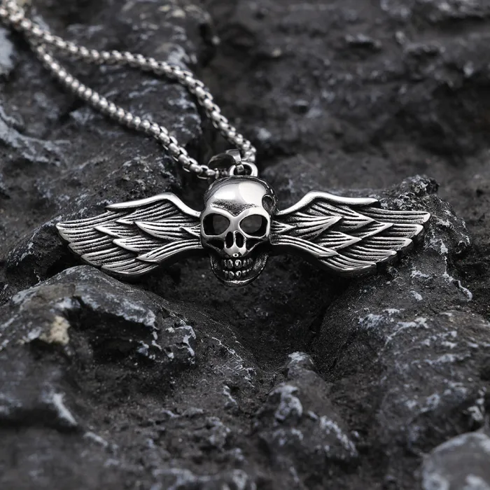 Bulk Punk Angel Skull Pendant Necklace – Vintage Stainless Steel Jewelry for Men | Gothic Biker Accessory, Factory Supply, Ready to Ship