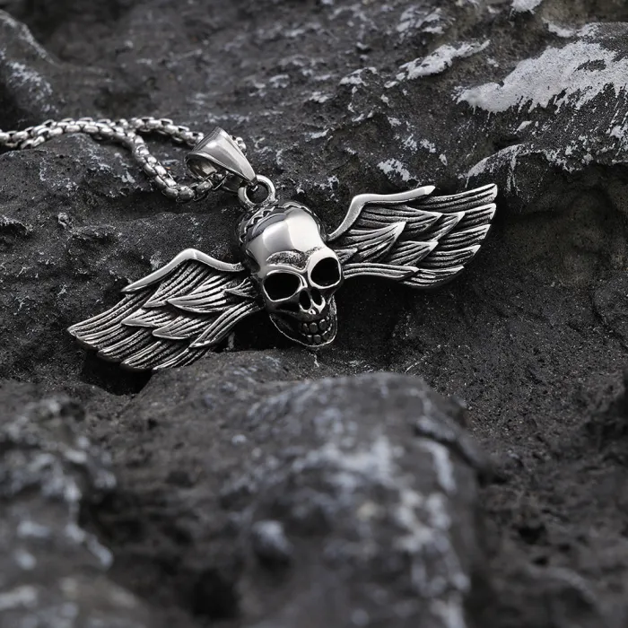 Bulk Punk Angel Skull Pendant Necklace – Vintage Stainless Steel Jewelry for Men | Gothic Biker Accessory, Factory Supply, Ready to Ship