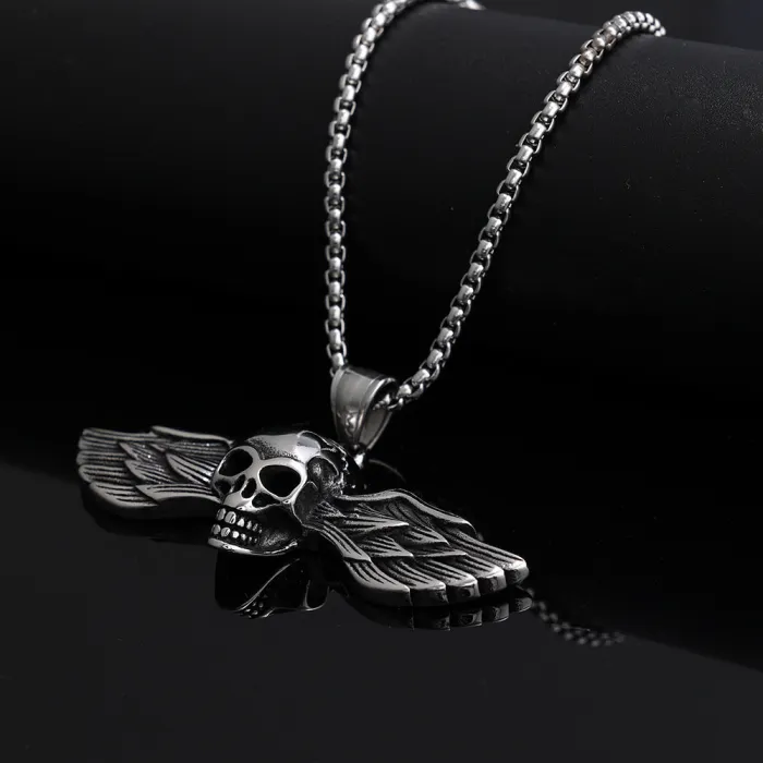 Bulk Punk Angel Skull Pendant Necklace – Vintage Stainless Steel Jewelry for Men | Gothic Biker Accessory, Factory Supply, Ready to Ship