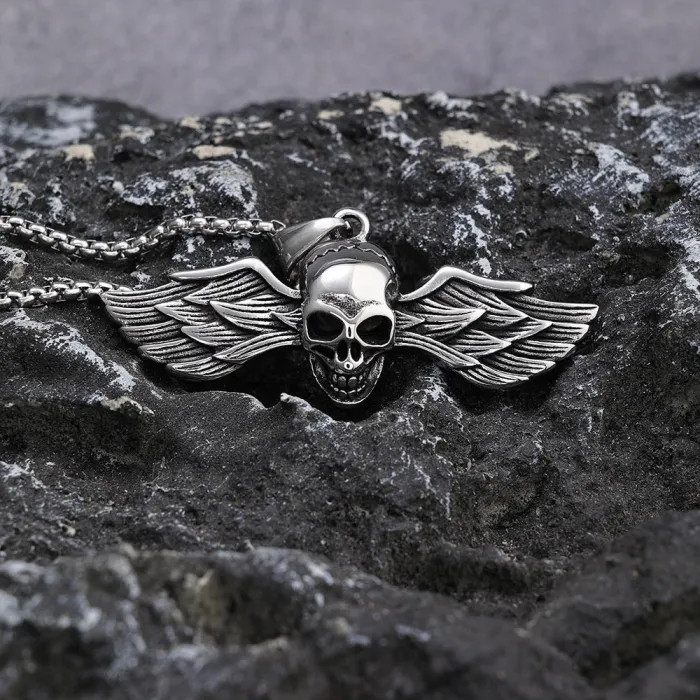 Bulk Punk Angel Skull Pendant Necklace – Vintage Stainless Steel Jewelry for Men | Gothic Biker Accessory, Factory Supply, Ready to Ship