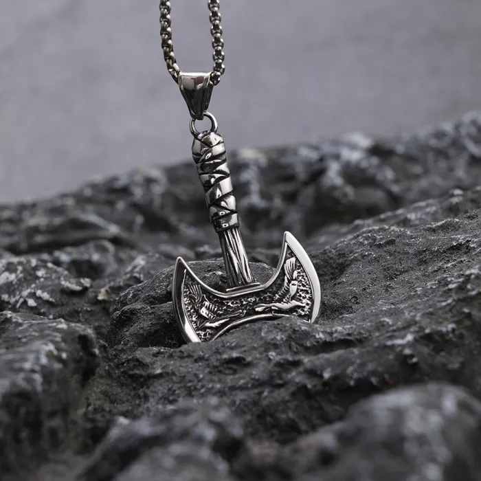 Hot-Selling Viking Double Axe Pendant – Stainless Steel Norse Eagle Totem Design | No-Fade Jewelry for Men, Factory Direct & Bulk Available