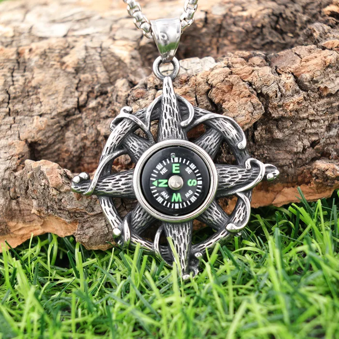 Vintage Compass Pendant for Men – Stainless Steel Viking Style Necklace | Cross-Border Fashion Jewelry, Factory Price, Bulk & Dropshipping Available