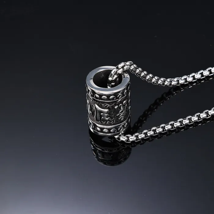 Stainless Steel Prayer Wheel Pendant – Unisex Tibetan Thangka Design Necklace | Couple Jewelry, Factory Supply, Ideal for Wholesale & Dropshipping
