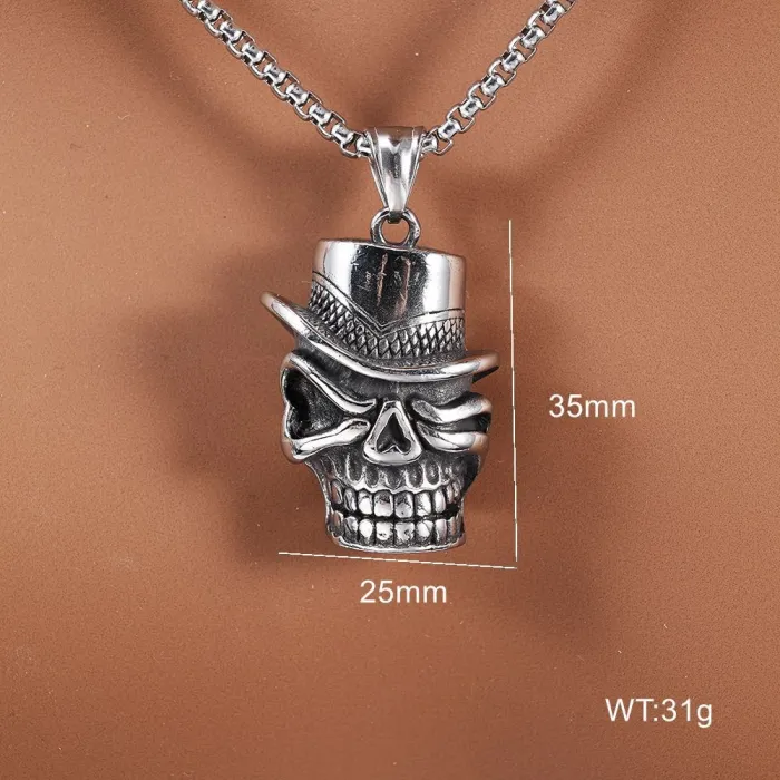 Western Cowboy Skull Pendant – Vintage Polished Stainless Steel Hat-Wearing Skull Charm | Bulk Fashion Jewelry for Resellers & Retailers