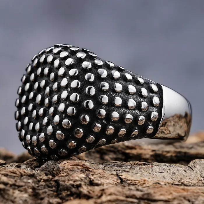 Spotted Round Punk Ring – Vintage Titanium Steel Biker Club Men’s Ring, Gothic Motorcycle Jewelry