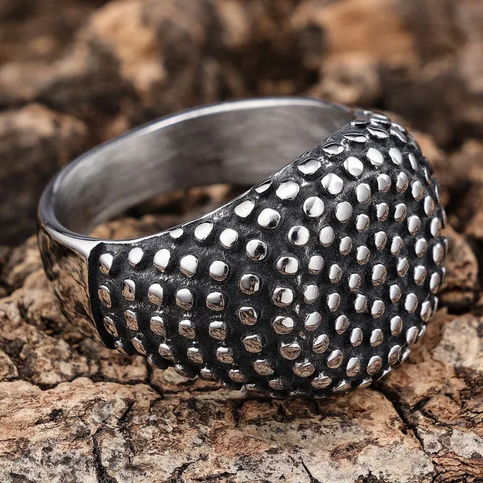 Spotted Round Punk Ring – Vintage Titanium Steel Biker Club Men’s Ring, Gothic Motorcycle Jewelry