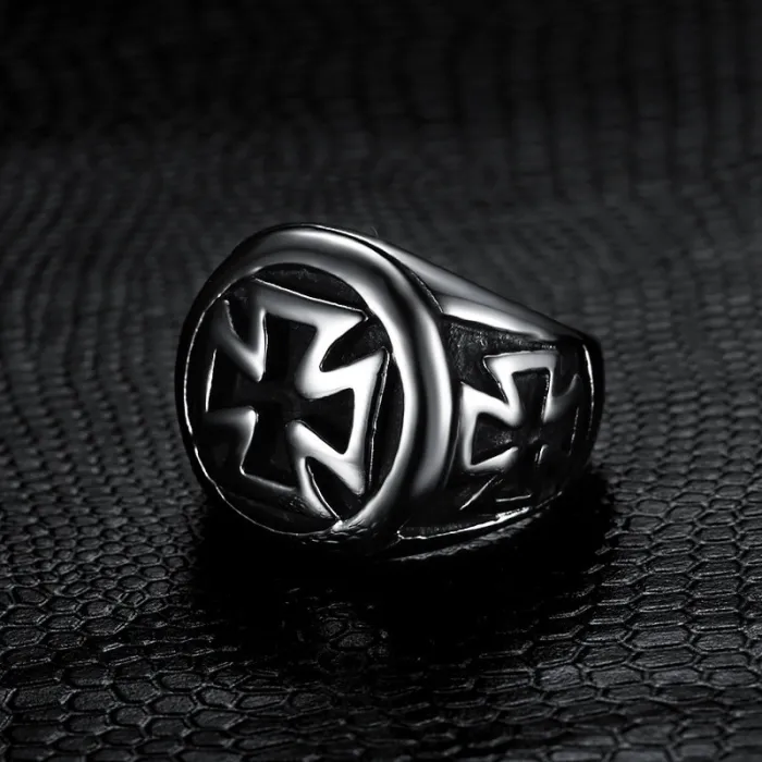 Curved Cross Ring – Vintage Titanium Steel Punk Ring for Men, Gothic Religious Statement Jewelry