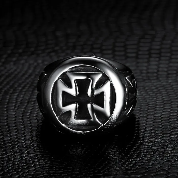 Curved Cross Ring – Vintage Titanium Steel Punk Ring for Men, Gothic Religious Statement Jewelry