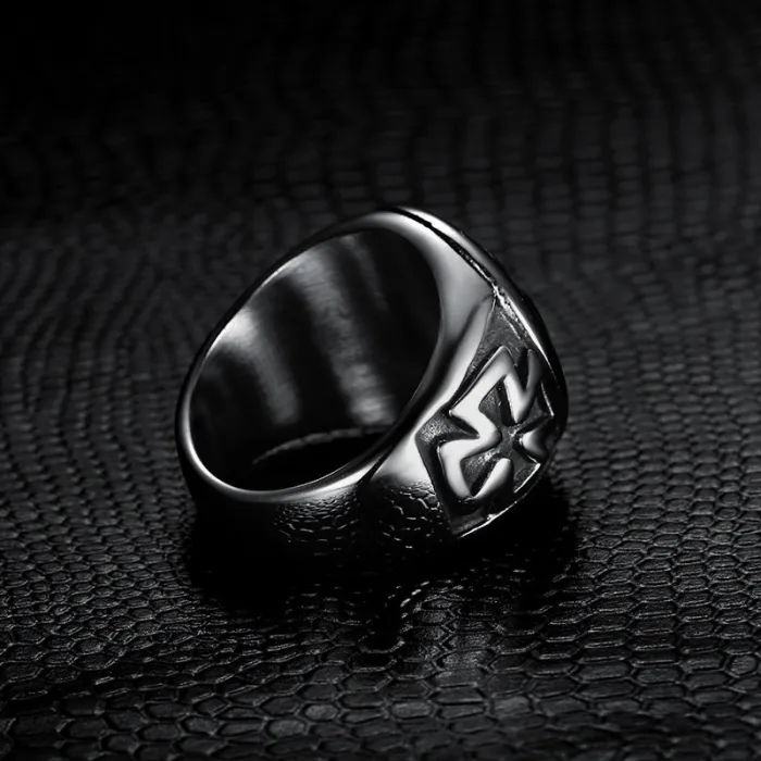 Curved Cross Ring – Vintage Titanium Steel Punk Ring for Men, Gothic Religious Statement Jewelry