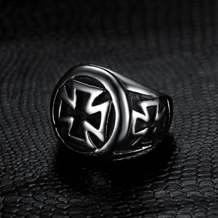 Curved Cross Ring – Vintage Titanium Steel Punk Ring for Men, Gothic Religious Statement Jewelry