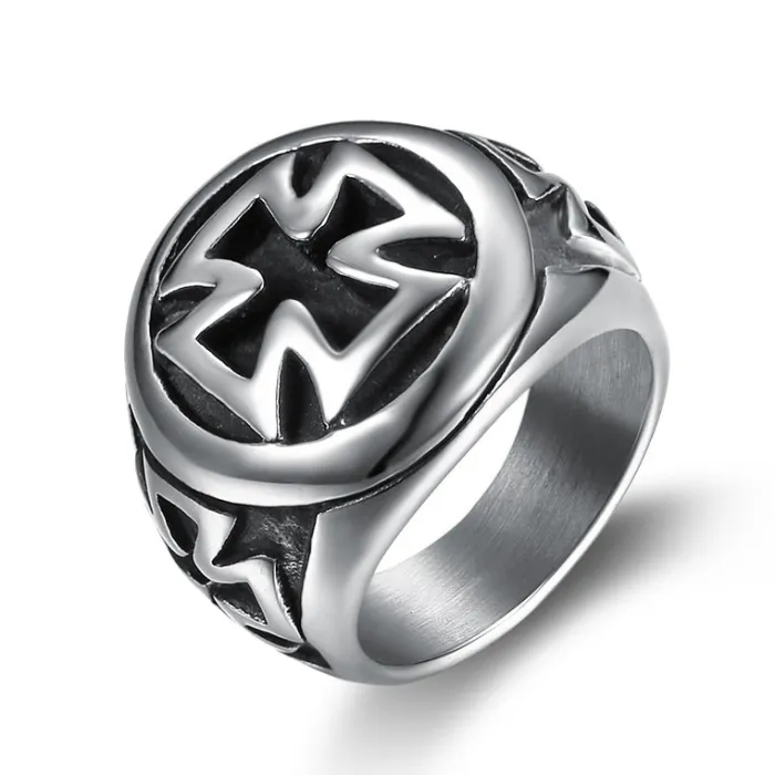 Curved Cross Ring – Vintage Titanium Steel Punk Ring for Men, Gothic Religious Statement Jewelry