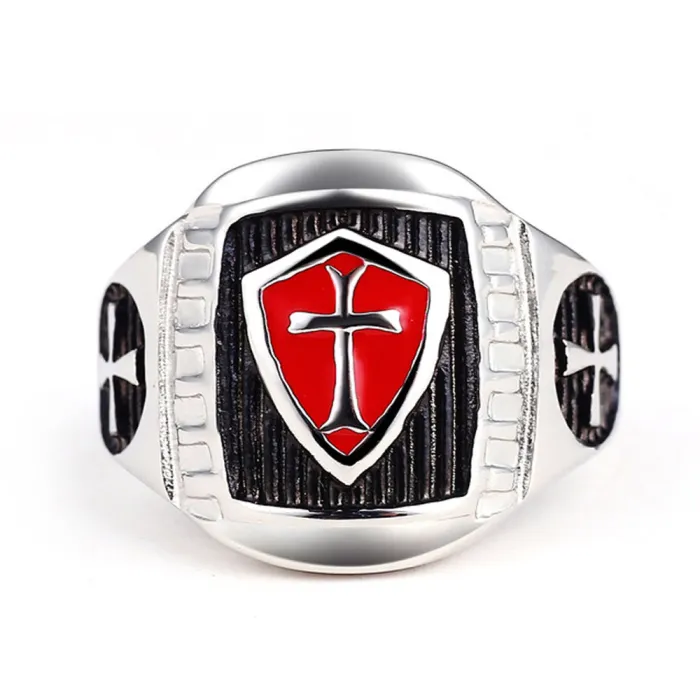 Black Inlay Cross Ring – Titanium Steel Templar Knight Freemason Ring for Men, Vintage Gothic Jewelry