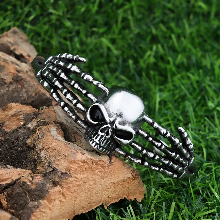 Skeleton Hand Cuff Bracelet – Stainless Steel Skull Open Bangle, Gothic Punk Titanium Steel Jewelry