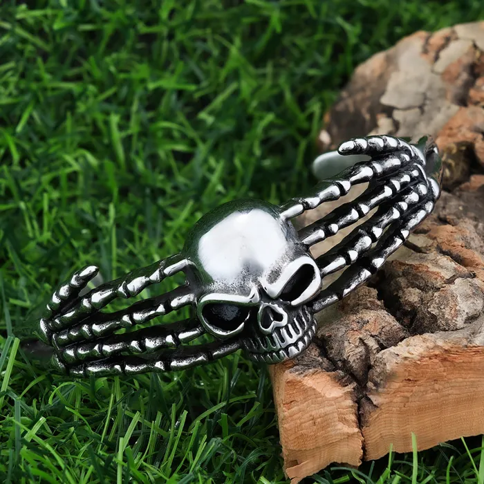 Skeleton Hand Cuff Bracelet – Stainless Steel Skull Open Bangle, Gothic Punk Titanium Steel Jewelry