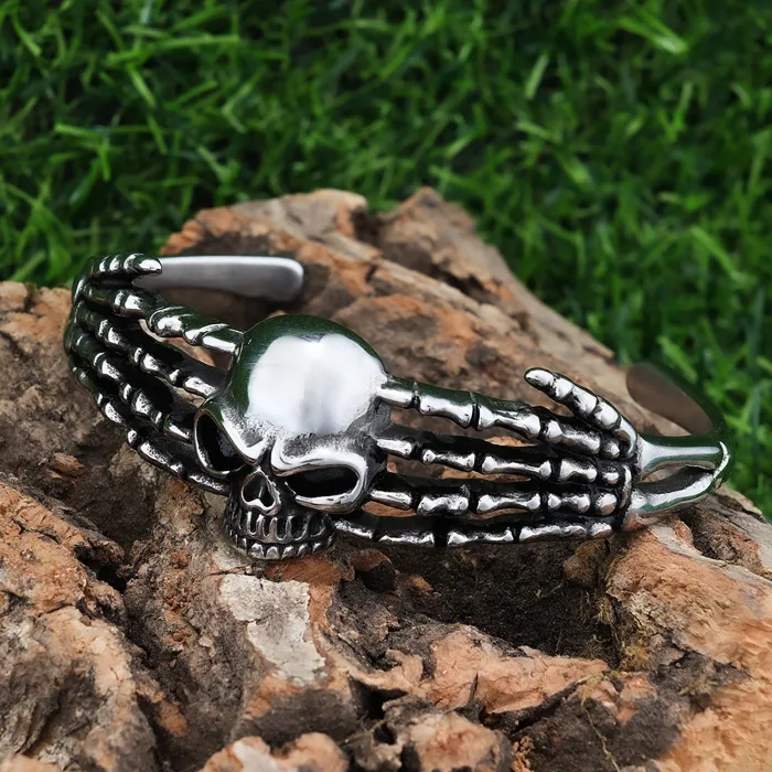 Skeleton Hand Cuff Bracelet – Stainless Steel Skull Open Bangle, Gothic Punk Titanium Steel Jewelry