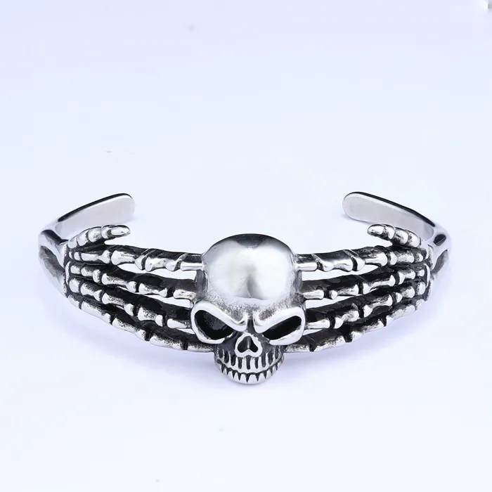 Skeleton Hand Cuff Bracelet – Stainless Steel Skull Open Bangle, Gothic Punk Titanium Steel Jewelry