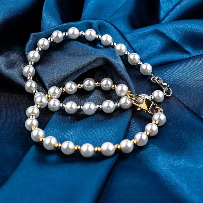 Pearl Bracelet – Hypoallergenic Stainless Steel Chain with Faux Shell Pearls, Non-Tarnish & Water-Resistant Jewelry