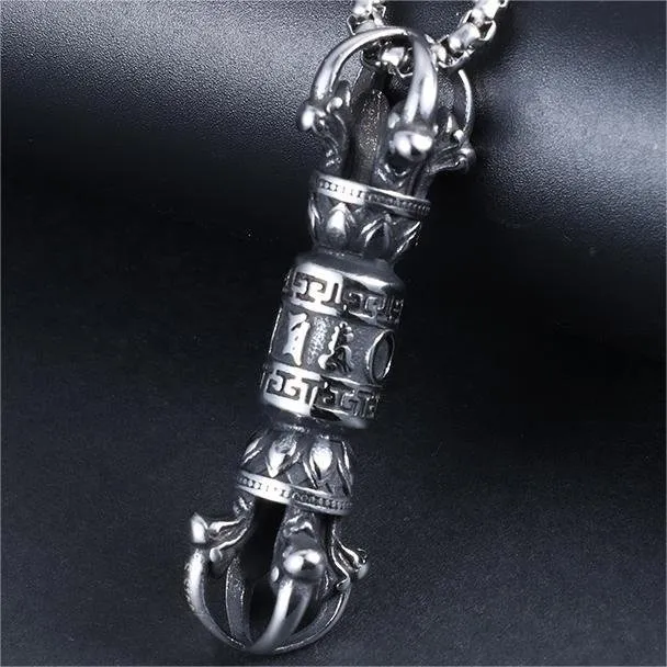 Vajra Amulet Pendant – Vintage Stainless Steel Protective Talisman Necklace, Buddhist Tibetan Jewelry