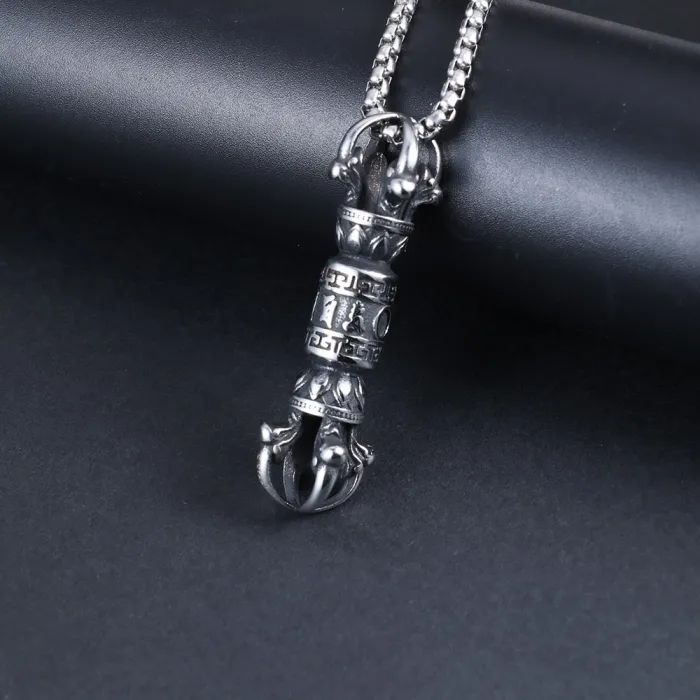 Vajra Amulet Pendant – Vintage Stainless Steel Protective Talisman Necklace, Buddhist Tibetan Jewelry