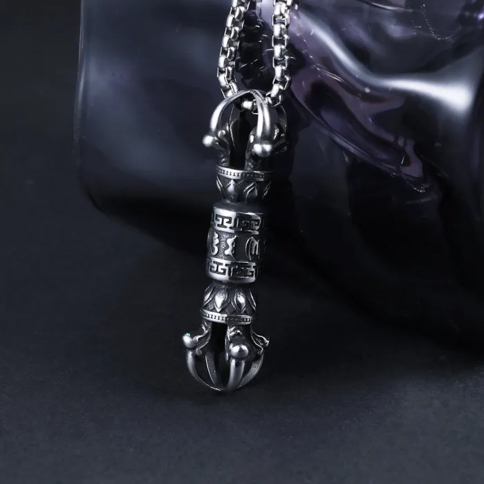 Vajra Amulet Pendant – Vintage Stainless Steel Protective Talisman Necklace, Buddhist Tibetan Jewelry