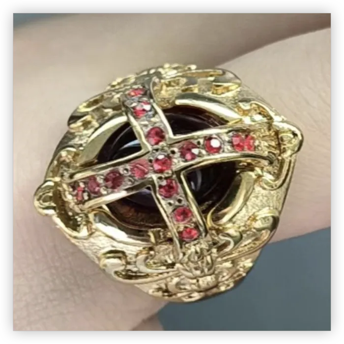 Gothic Vampire Cross Ring – Red Gemstone & Crystal Inlaid Titanium Steel Ring for Men, Retro Blood Ruby Style