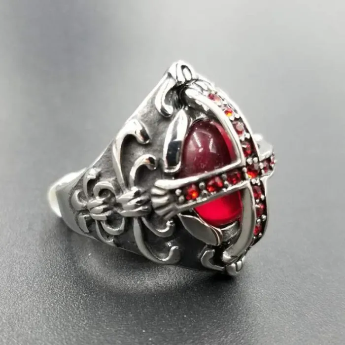 Gothic Vampire Cross Ring – Red Gemstone & Crystal Inlaid Titanium Steel Ring for Men, Retro Blood Ruby Style