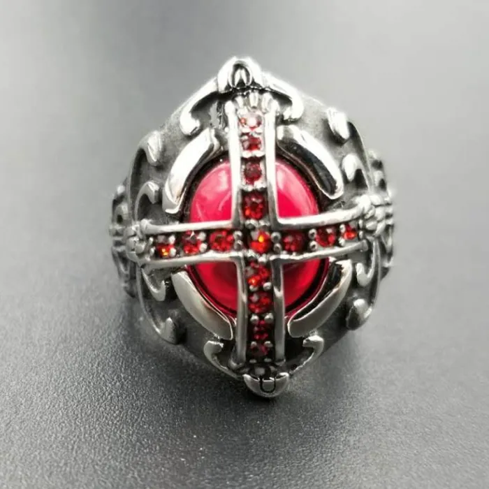 Gothic Vampire Cross Ring – Red Gemstone & Crystal Inlaid Titanium Steel Ring for Men, Retro Blood Ruby Style