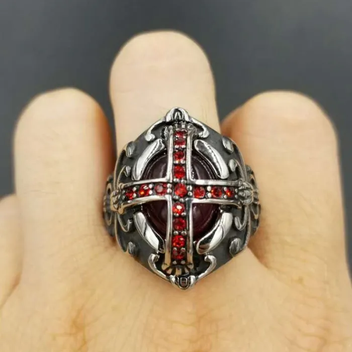 Gothic Vampire Cross Ring – Red Gemstone & Crystal Inlaid Titanium Steel Ring for Men, Retro Blood Ruby Style