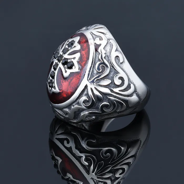 Gothic Cross Gemstone Ring – Red Ruby & Black Diamond-Inspired Inlay, Men's Titanium Steel Vampire Style Ring