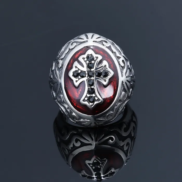 Gothic Cross Gemstone Ring – Red Ruby & Black Diamond-Inspired Inlay, Men's Titanium Steel Vampire Style Ring