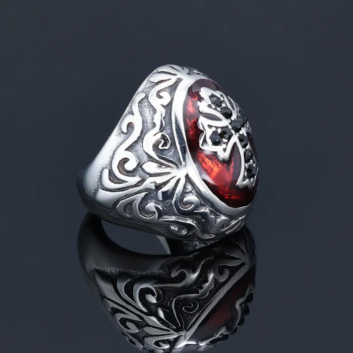 Gothic Cross Gemstone Ring – Red Ruby & Black Diamond-Inspired Inlay, Men's Titanium Steel Vampire Style Ring