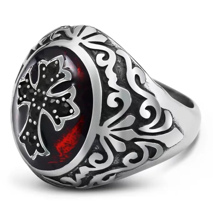 Gothic Cross Gemstone Ring – Red Ruby & Black Diamond-Inspired Inlay, Men's Titanium Steel Vampire Style Ring