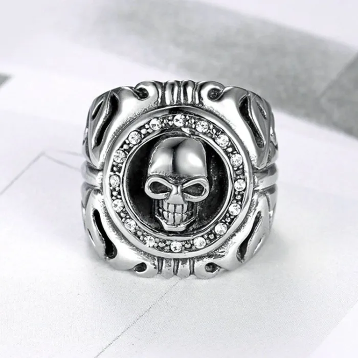 Men’s Skull Ring – Titanium Steel Punk Ring with White Crystal Inlay, Hot-Selling Gothic Biker Jewelry