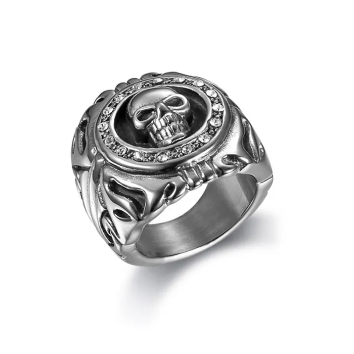 Men’s Skull Ring – Titanium Steel Punk Ring with White Crystal Inlay, Hot-Selling Gothic Biker Jewelry