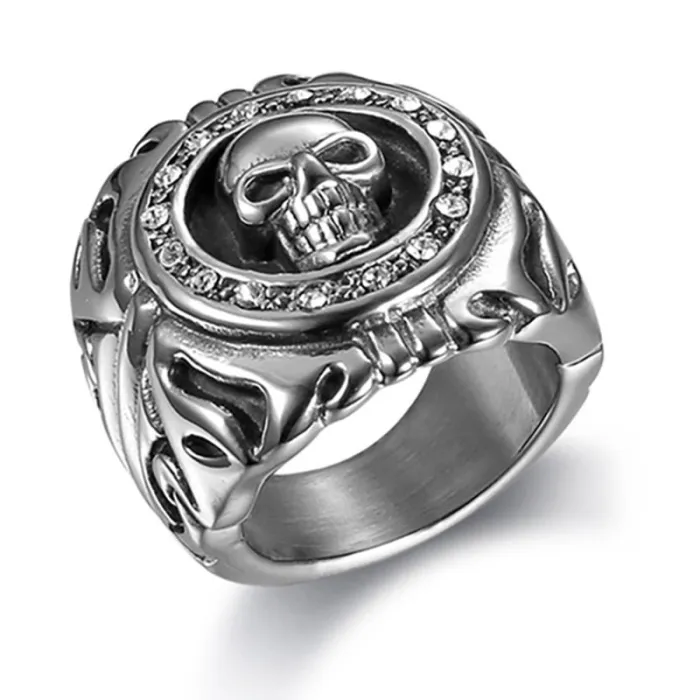 Men’s Skull Ring – Titanium Steel Punk Ring with White Crystal Inlay, Hot-Selling Gothic Biker Jewelry