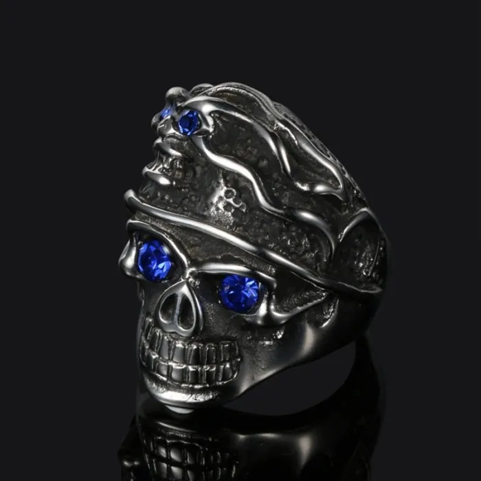 Double Skull Ring for Men – Blue Eye Stainless Steel Gothic Ring with Sapphire-Inspired Accents