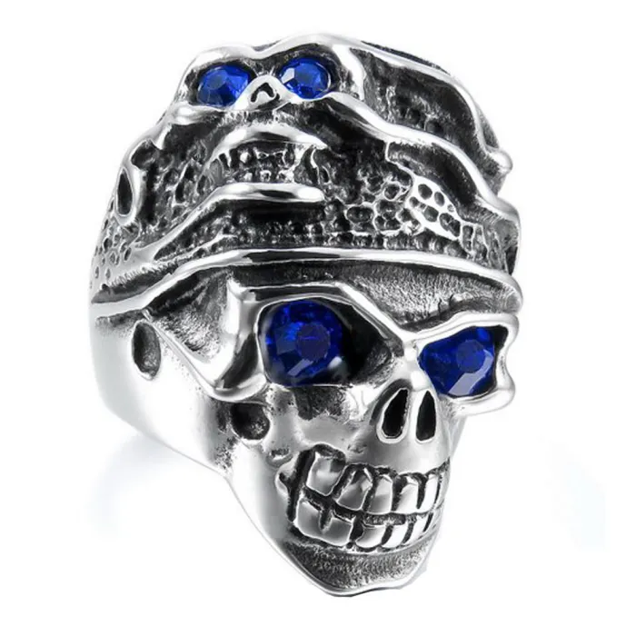 Double Skull Ring for Men – Blue Eye Stainless Steel Gothic Ring with Sapphire-Inspired Accents