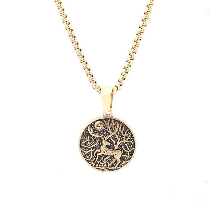 Christmas Reindeer Pendant – Polished Stainless Steel Round Tag Necklace, Holiday Gift Jewelry for Men & Women