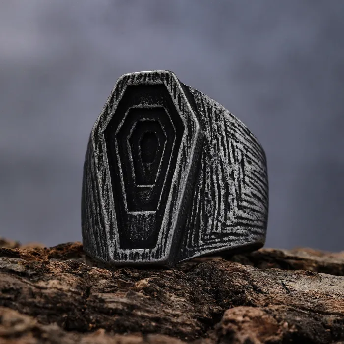 Coffin-Shaped Punk Ring – Unisex Vintage Titanium Steel Layered Design Ring
